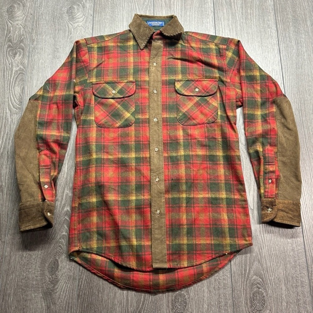 Pendleton Adventure Shirt Mens XXS Red Green Plaid Wool Elbow Patch Corduroy